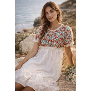 Anthropologie Cream Dress with Coral, Turquoise, and Rust Floral Bodice